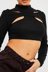 Black Ribbed Double Cut Out Crop Top - Graci-Crop Tops