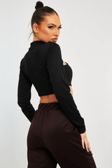 Black Ribbed Double Cut Out Crop Top - Graci-Crop Tops