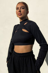 Black Ribbed Double Cut Out Crop Top - Graci-Crop Tops
