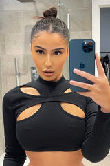 Black Ribbed Double Cut Out Crop Top - Graci-Crop Tops