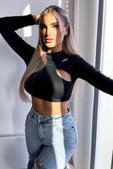 Black Ribbed Double Cut Out Crop Top - Graci-Crop Tops