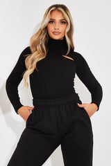 Black Ribbed Double Cut Out Top - Gena-Tops