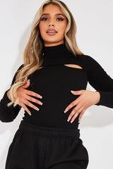 Black Ribbed Double Cut Out Top - Gena-Tops