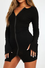 Black Ribbed Double Zip Bodycon Mini Dress - Bellani-Dresses