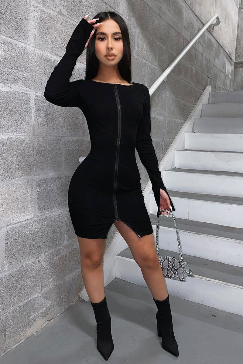 Black Ribbed Double Zip Bodycon Mini Dress - Bellani-Dresses