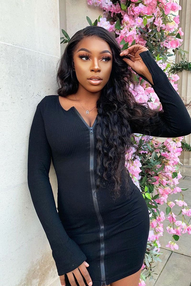 Black Ribbed Double Zip Bodycon Mini Dress - Bellani-Dresses