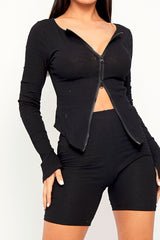 Black Ribbed Double Zip Top Cycling Short Co-ord - Jamia-Co-ords