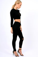 Black Ribbed Eyelet Lace Up Crop Top - Freyanne-Crop Tops