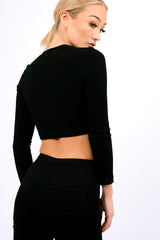 Black Ribbed Eyelet Lace Up Crop Top - Freyanne-Crop Tops