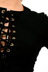 Black Ribbed Eyelet Lace Up Crop Top - Freyanne-Crop Tops