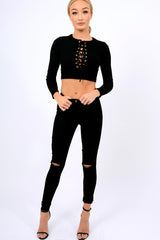 Black Ribbed Eyelet Lace Up Crop Top - Freyanne-Crop Tops