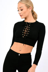 Black Ribbed Eyelet Lace Up Crop Top - Freyanne-Crop Tops