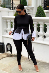 Black Ribbed Flared Shirt and Leggings Co-ord - Aafiya-Co-ords