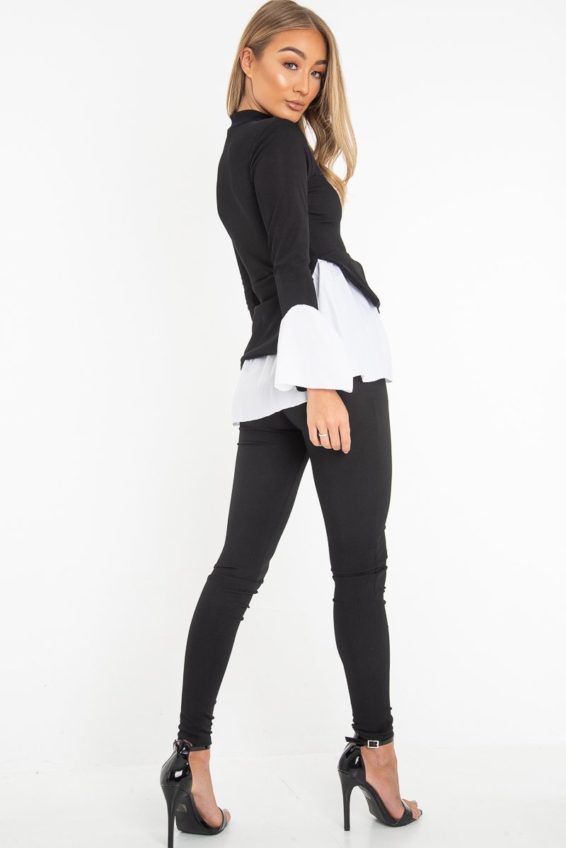 Black Ribbed Flared Shirt and Leggings Co-ord - Aafiya-Co-ords