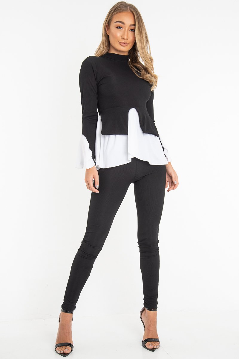 Black Ribbed Flared Shirt and Leggings Co-ord - Aafiya-Co-ords