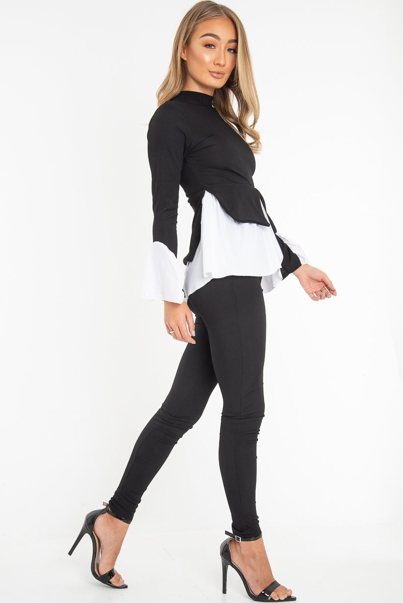 Black Ribbed Flared Shirt and Leggings Co-ord - Aafiya-Co-ords
