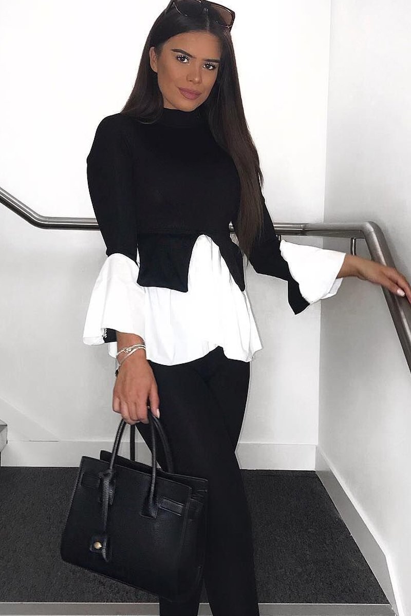 Black Ribbed Flared Shirt and Leggings Co-ord - Aafiya-Co-ords