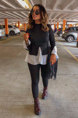 Black Ribbed Flared Shirt and Leggings Co-ord - Aafiya-Co-ords