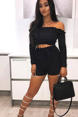 Black Ribbed Frill Bardot Crop Top - Cassidy-Crop Tops
