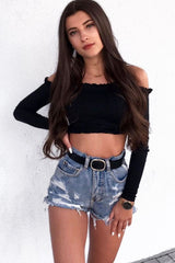 Black Ribbed Frill Bardot Crop Top - Cassidy-Crop Tops