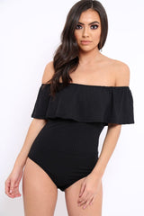 Black Ribbed Frill Bodysuit - Charl-Bodysuits