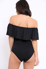 Black Ribbed Frill Bodysuit - Charl-Bodysuits