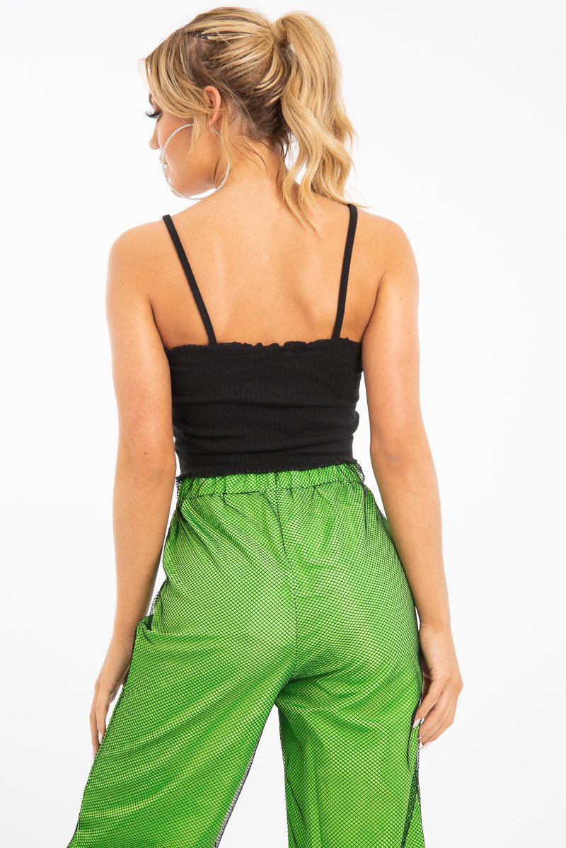 Black Ribbed Frill Edge Crop Top - Zura-Crop Tops