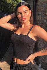 Black Ribbed Frill Edge Crop Top - Zura-Crop Tops