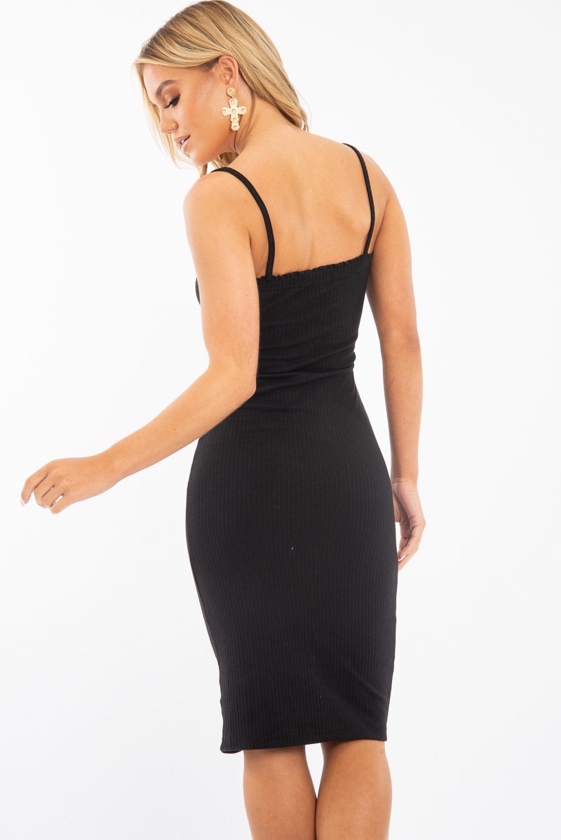Black Ribbed Frill Edge Midi Dress - Aalani-Dresses
