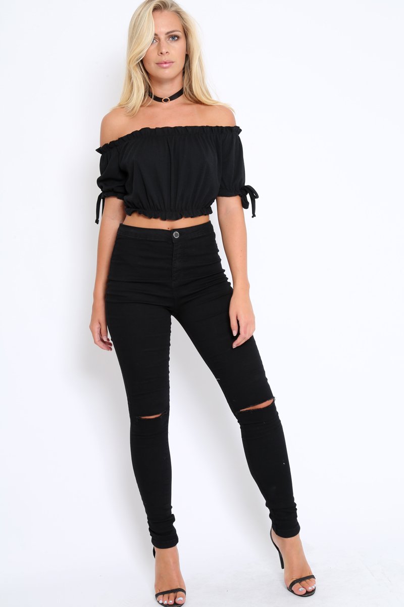 Black Ribbed Frill Gypsy Top - Maysia-Crop Tops