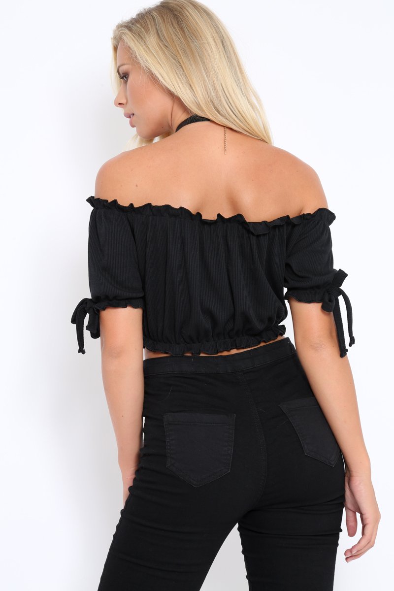 Black Ribbed Frill Gypsy Top - Maysia-Crop Tops