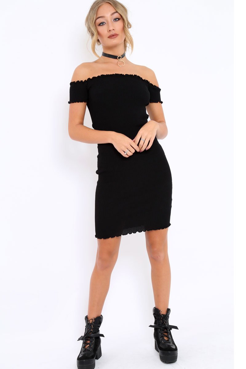 Black Ribbed Frill Hem Bardot Bodycon Dress - Kamille-Dresses