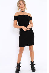 Black Ribbed Frill Hem Bardot Bodycon Dress - Kamille-Dresses