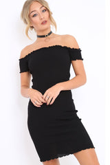 Black Ribbed Frill Hem Bardot Bodycon Dress - Kamille-Dresses