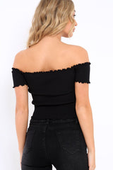 Black Ribbed Frill Hem Bardot Crop Top - Adelle-Crop Tops