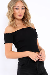 Black Ribbed Frill Hem Bardot Crop Top - Adelle-Crop Tops