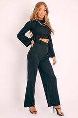 Black Ribbed Frill Hem Top and Wide Leg Trouser Co-ord - Blayke-Co-ords