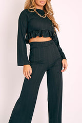 Black Ribbed Frill Hem Top and Wide Leg Trouser Co-ord - Blayke-Co-ords