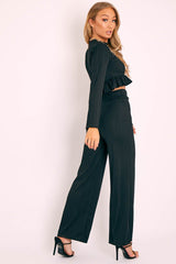 Black Ribbed Frill Hem Top and Wide Leg Trouser Co-ord - Blayke-Co-ords