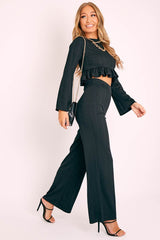 Black Ribbed Frill Hem Top and Wide Leg Trouser Co-ord - Blayke-Co-ords