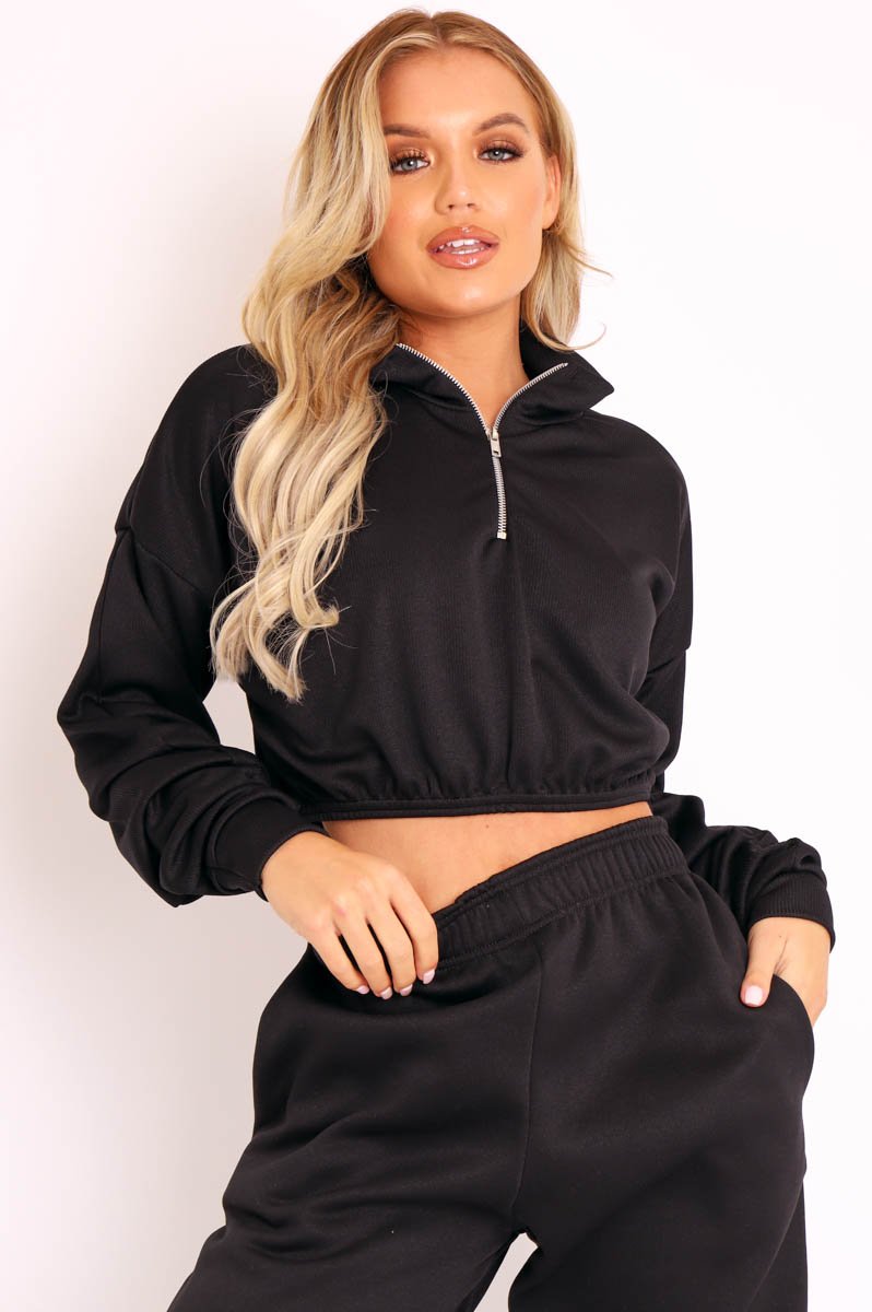 Black Ribbed Front Zip Sweater - Reeta-Sweatshirts