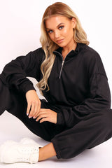 Black Ribbed Front Zip Sweater - Reeta-Sweatshirts