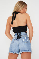 Black Ribbed Halter Neck Tie Detail Crop Top - Rubi-Crop Tops