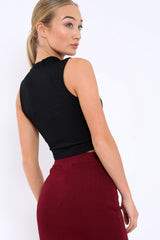 Black Ribbed High Neck Crop Top - Kamira-Tops