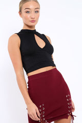 Black Ribbed High Neck Crop Top - Kamira-Tops