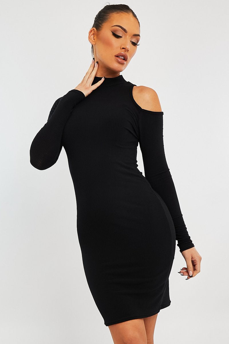 Black Ribbed High Neck Shoulder Cut Out Mini Dress - Carola-Dresses