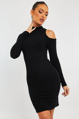 Black Ribbed High Neck Shoulder Cut Out Mini Dress - Carola-Dresses