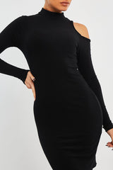 Black Ribbed High Neck Shoulder Cut Out Mini Dress - Carola-Dresses