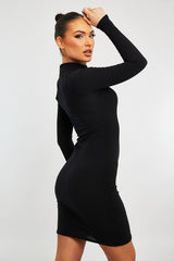 Black Ribbed High Neck Shoulder Cut Out Mini Dress - Carola-Dresses