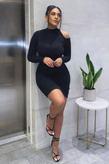 Black Ribbed High Neck Shoulder Cut Out Mini Dress - Carola-Dresses